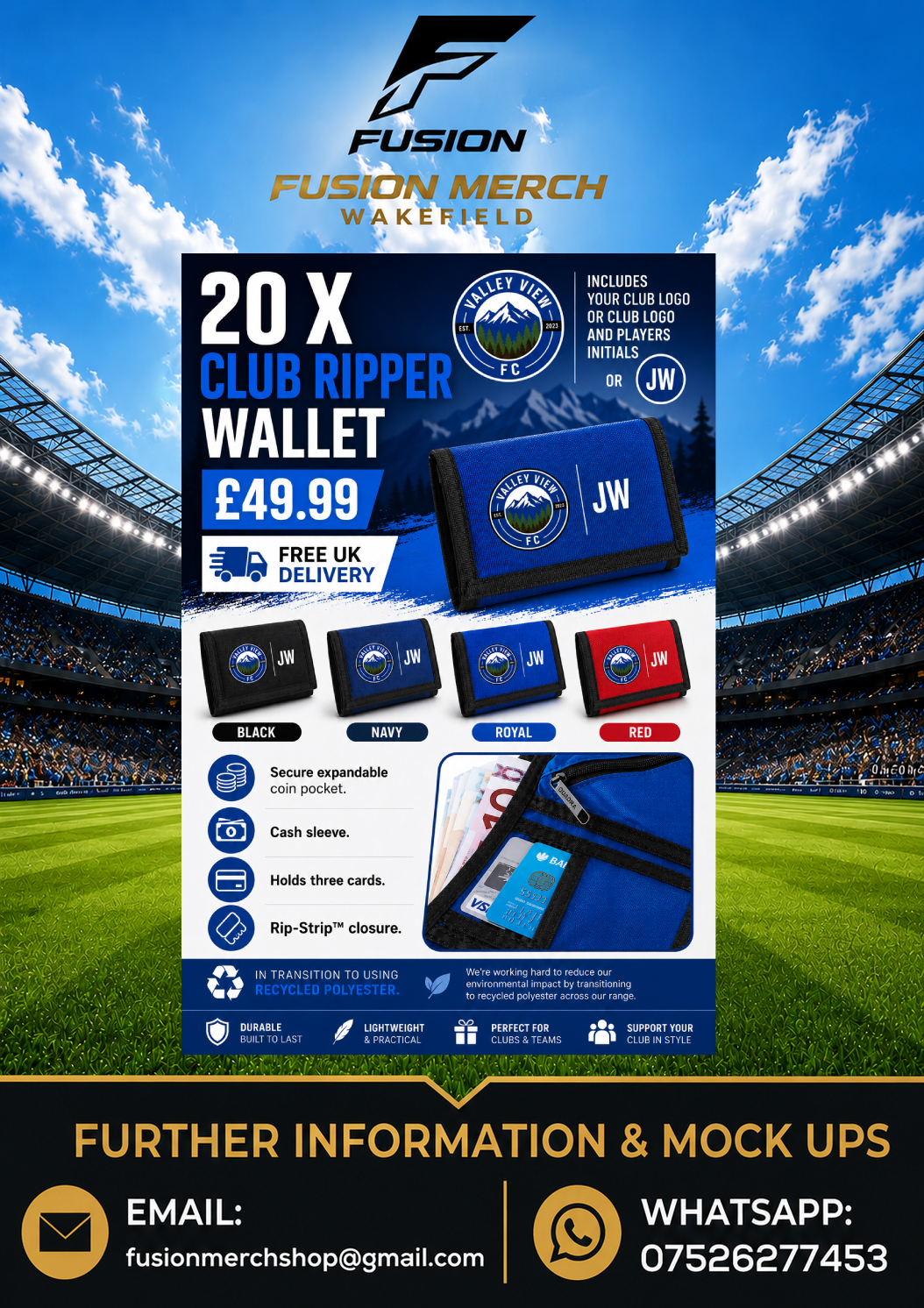 20 Pack of Club Personalised Ripper Wallets.